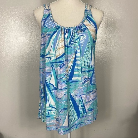 Lilly Pulitzer Aleida Tank Tunic Top Light blue Verbena Aboat Time sailboats - Picture 2 of 16